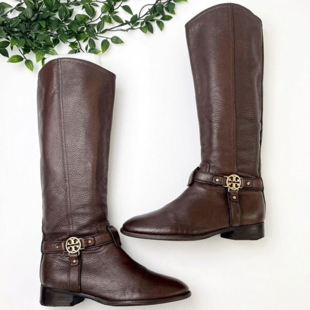 TORY BURCH Brown Leather Riding Boots with golden hardware logo strap 7.5